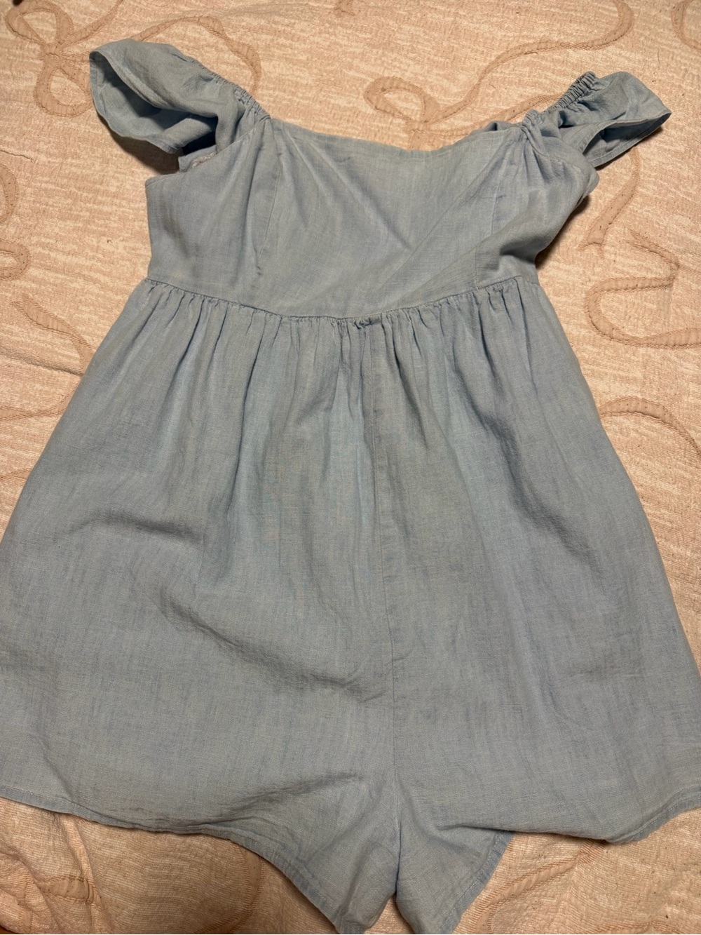 American Eagle Outfitters Light Blue Off-Shoulder Denim Romper
